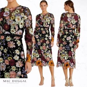 Mac Duggal EMBROIDERED APPLIQUE HIGH NECK LONG SLEEVE MIDI GOWN 68462 Size 2